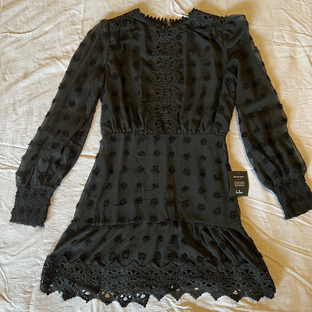 Lulu’s Black Long Sleeve Dress with lace and dot accents